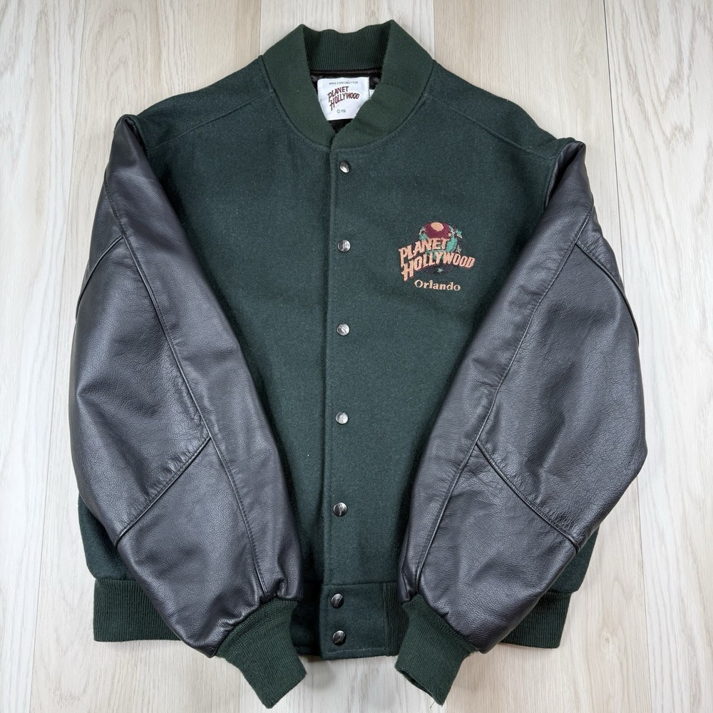 Planet Hollywood Orlando Green Fleece Leather Varsity Bomber Jacket Size Large
